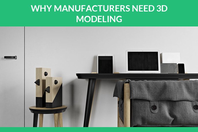Why is 3D modeling important: 3D render of a black desk with tablets, a sideboard and wooden figurines