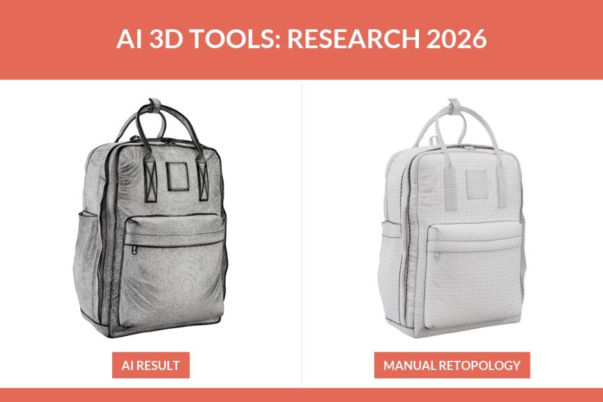 AI generated mesh and manual retopology of the same backpack side by side