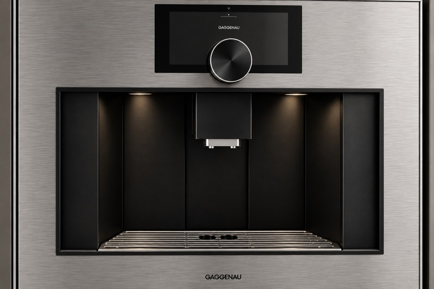 Close-up of the brushed steel front, display and control dial of a 3D modelled espresso machine