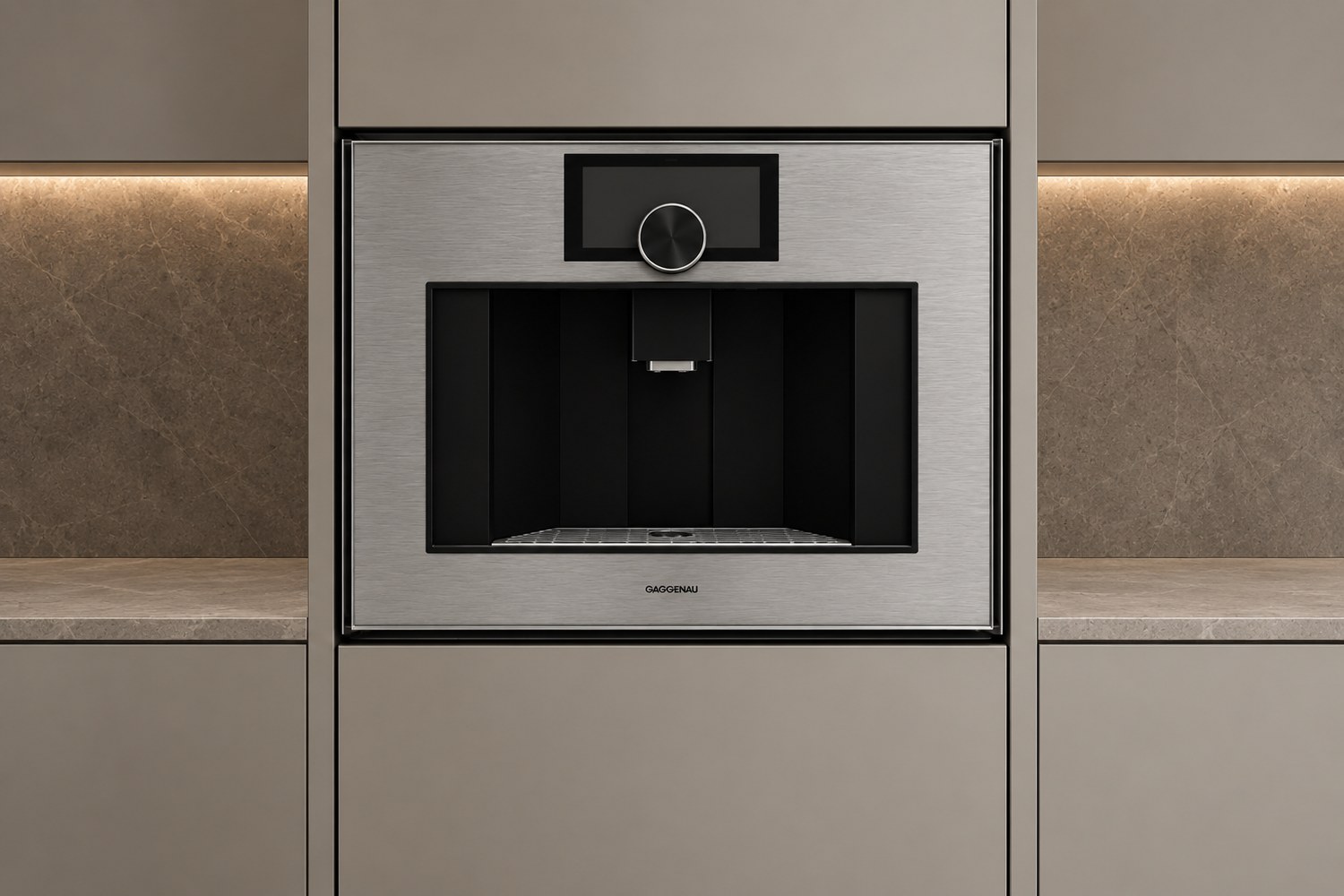 Front view of the built-in espresso machine in an AI generated kitchen interior
