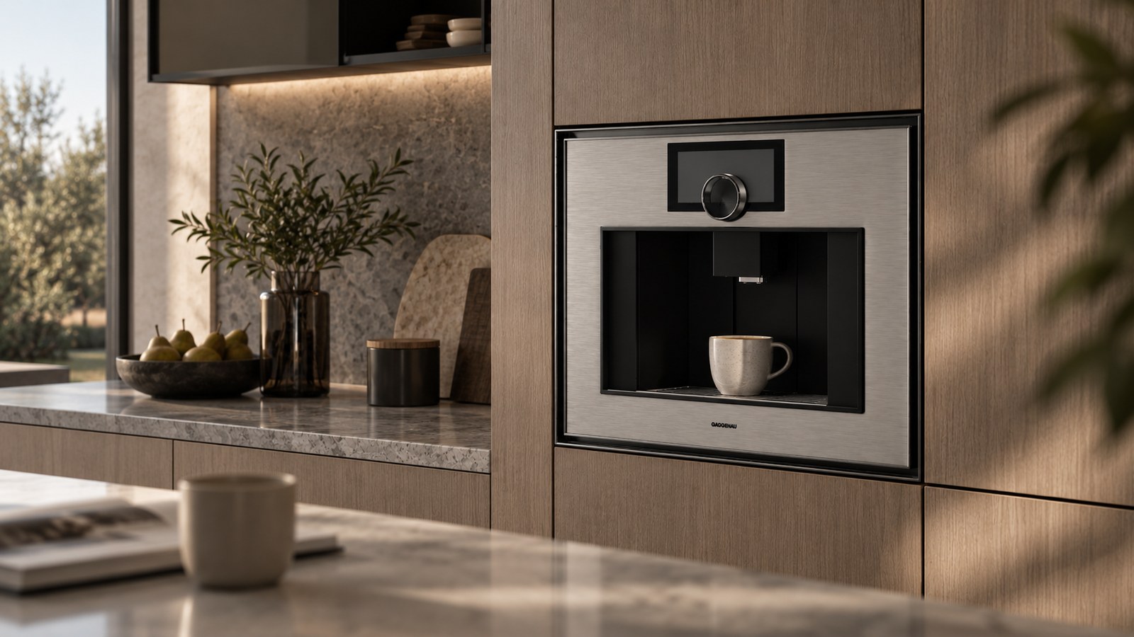 Second AI generated kitchen scene around the same 3D model of the espresso machine