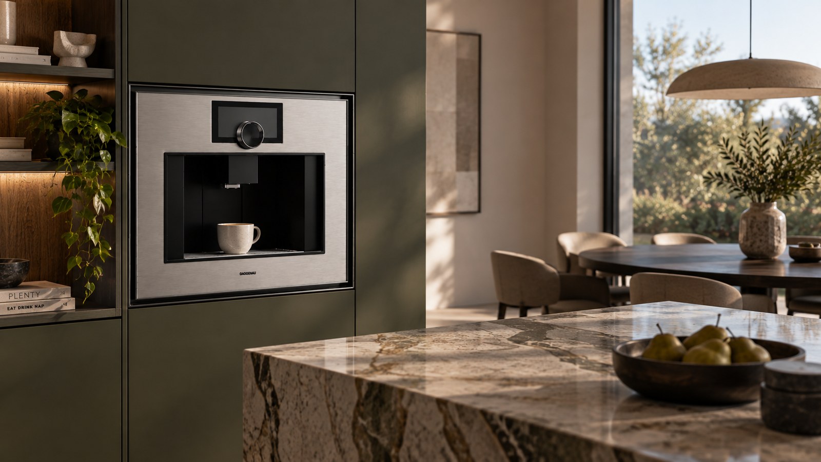 Built-in espresso machine in an AI generated kitchen with green cabinetry and a marble island