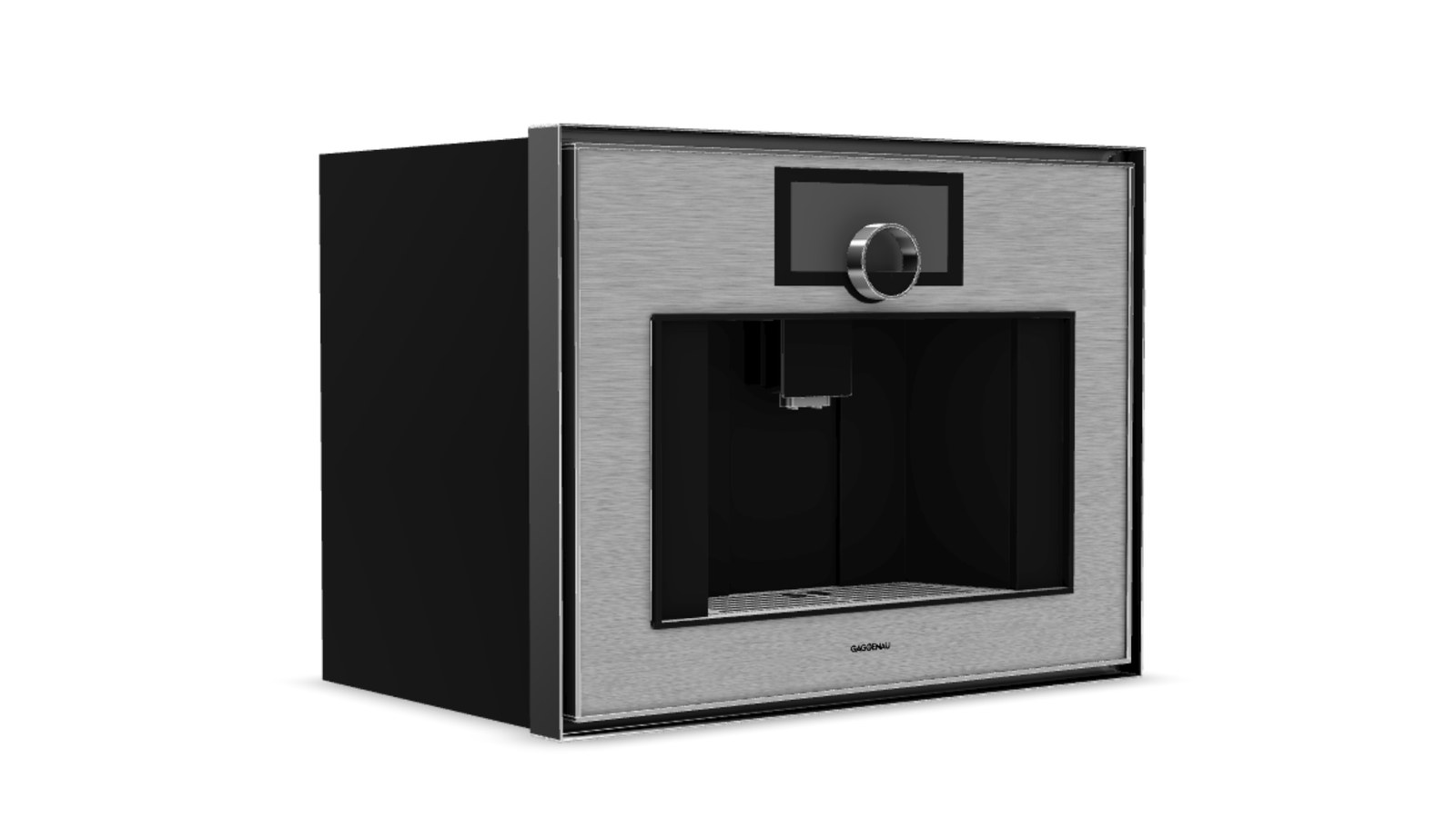 3D model of the espresso machine with brushed steel and glass materials on a white background