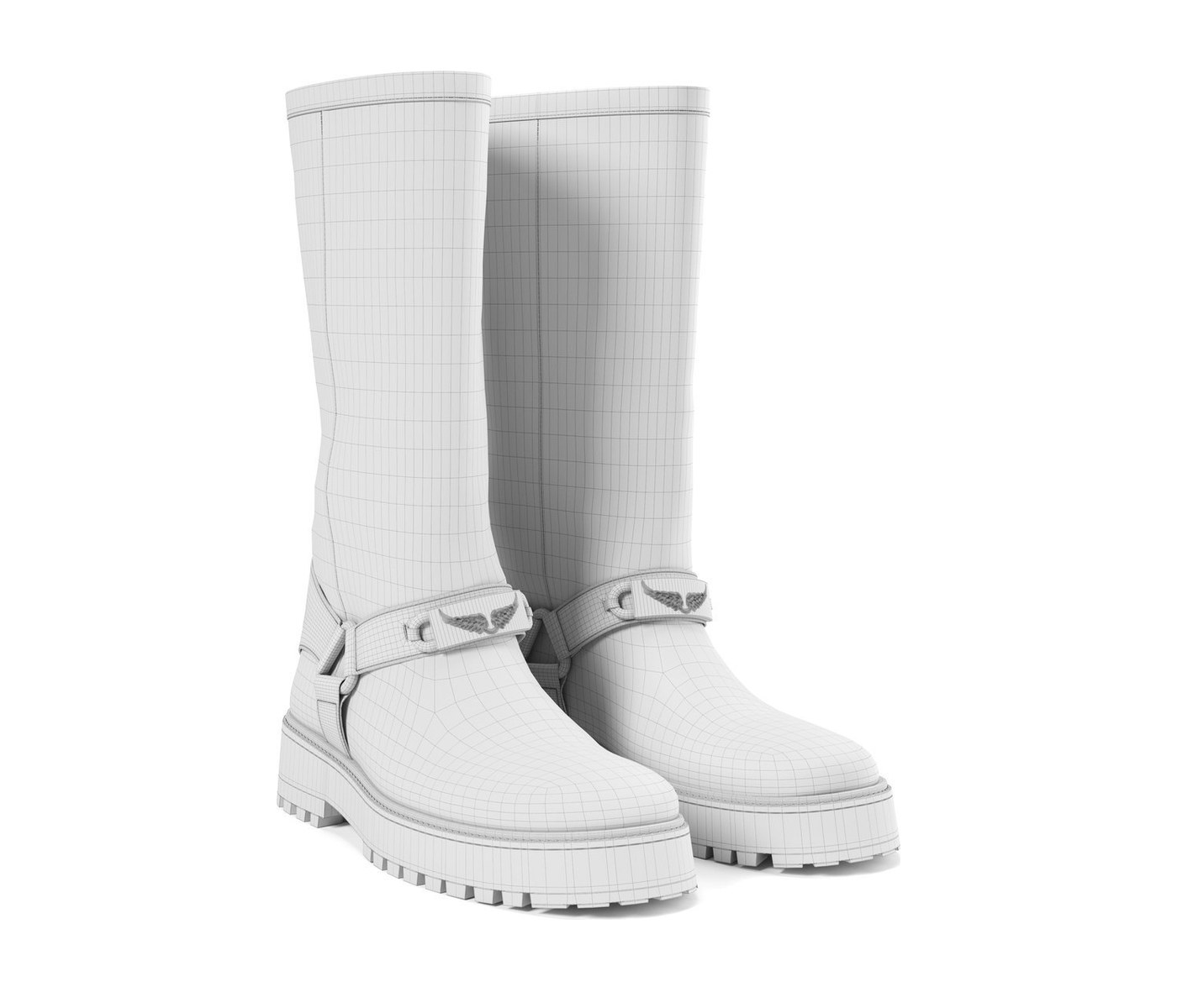 Wireframe of the boots model at the same angle as the final render