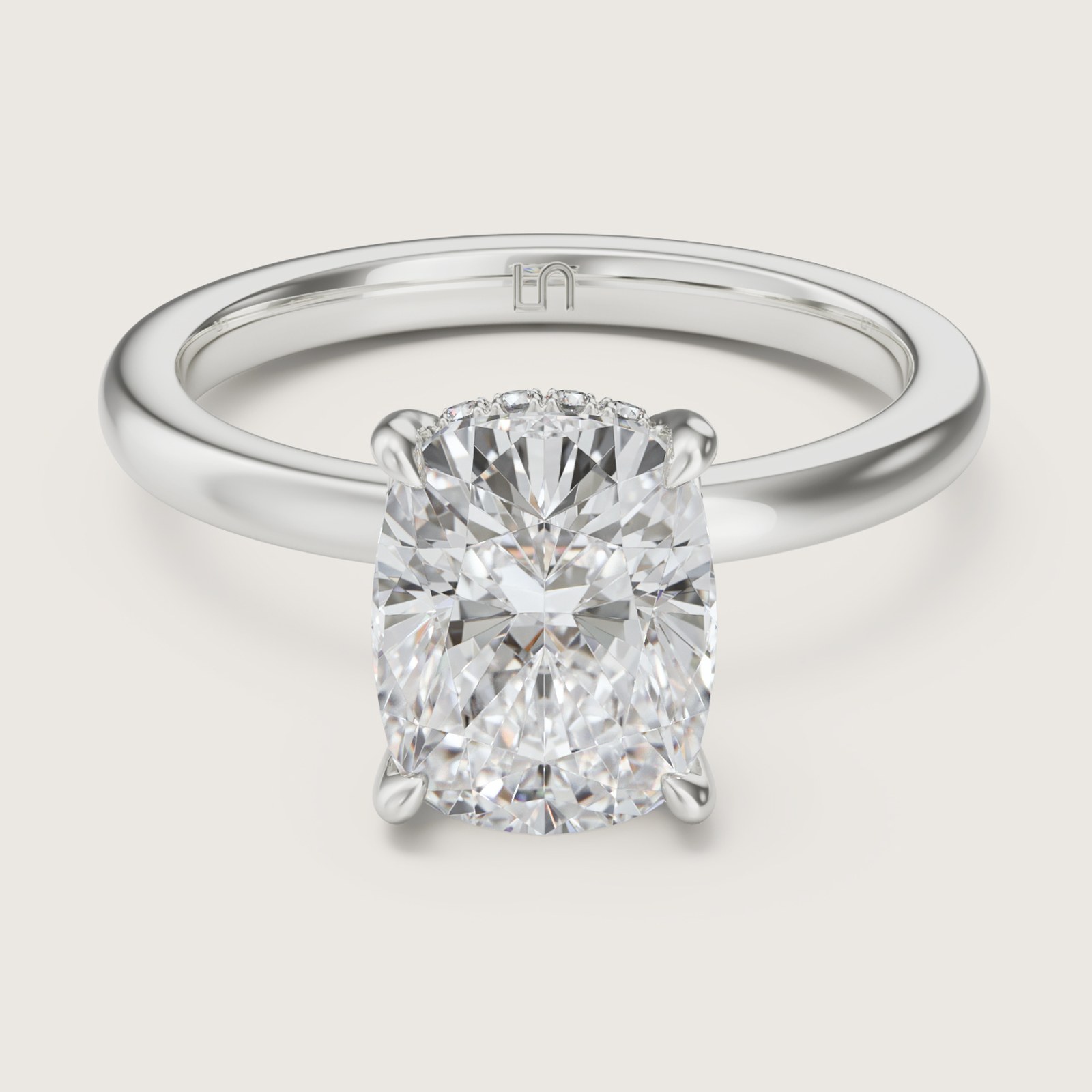 Product render of the cushion solitaire ring in white gold
