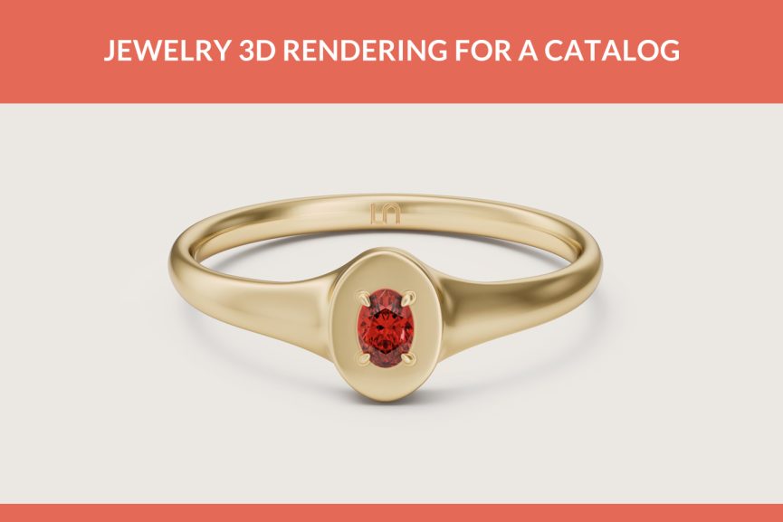 Jewelry 3D rendering of a gold signet ring with an oval ruby — cover image for the Lindelli catalog case study