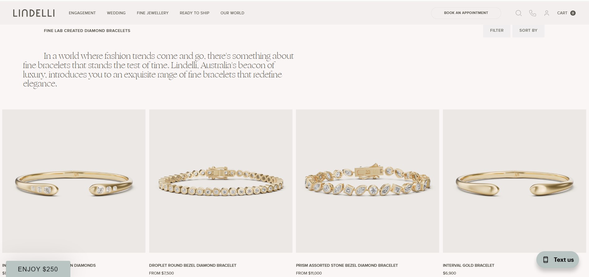 Lindelli bracelets collection page showing a grid of 3D-rendered diamond bracelets in gold
