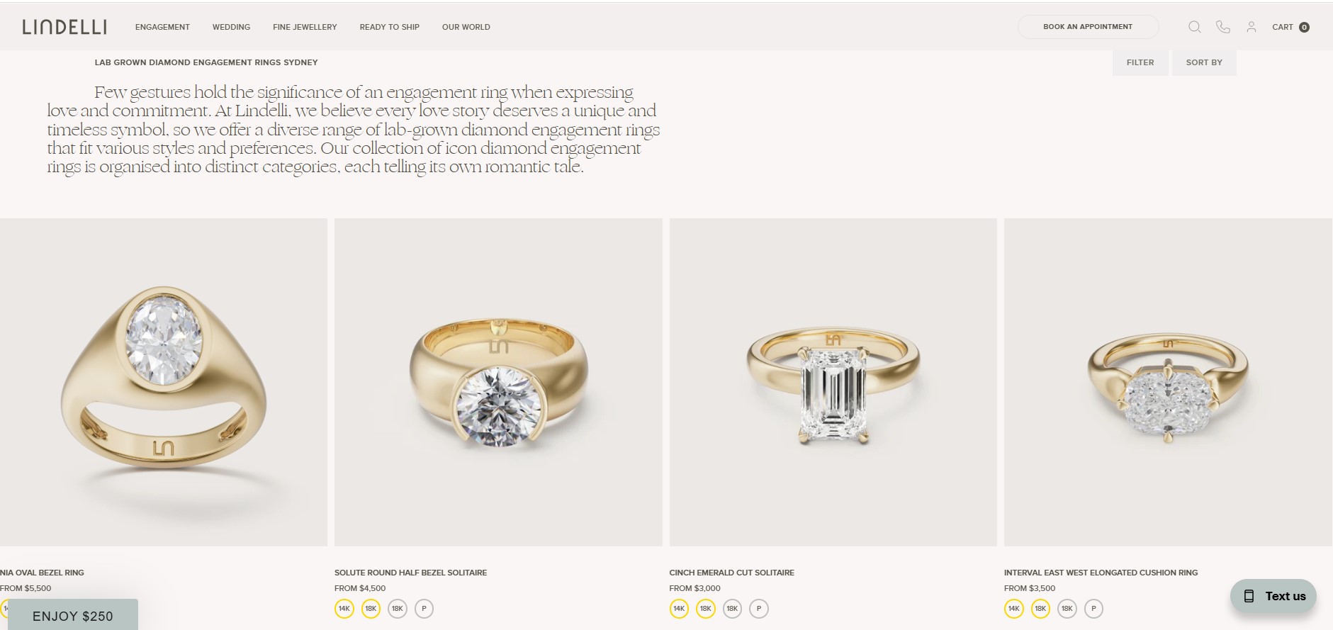Lindelli engagement rings collection page showing a grid of 3D-rendered solitaire and bezel rings in gold and platinum