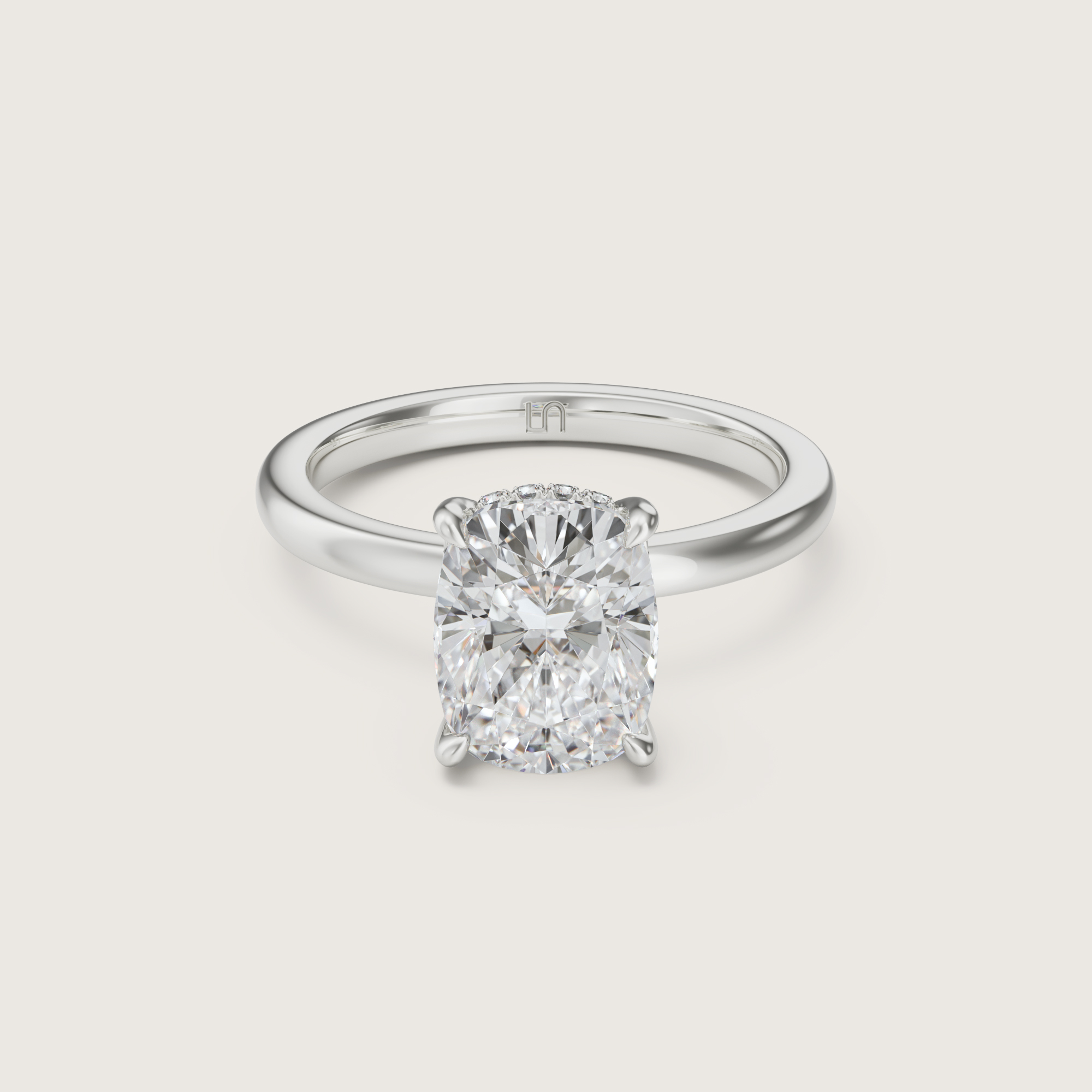 3D render of a hidden halo cushion-cut ring in white gold, flat view