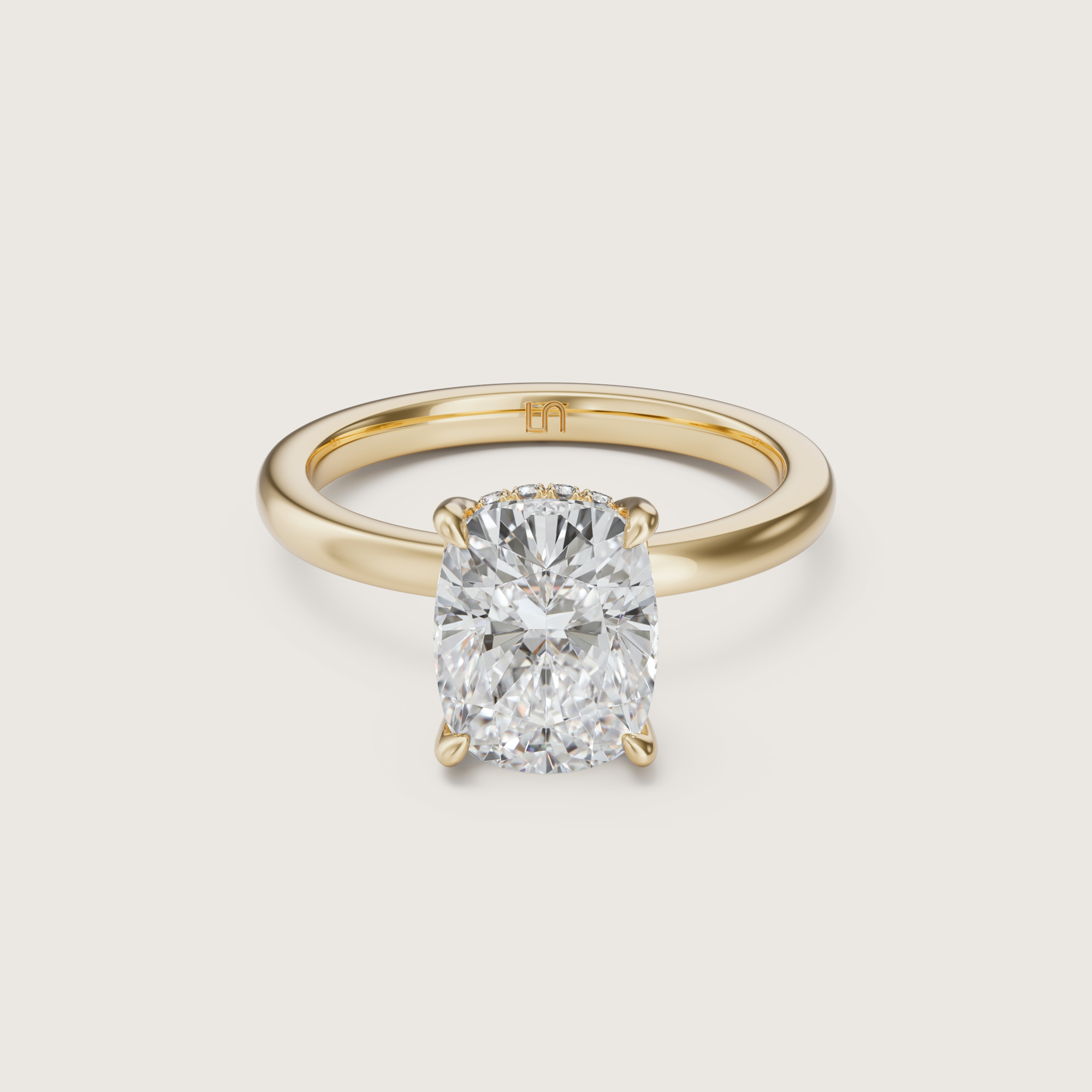 3D render of a hidden halo cushion-cut ring in yellow gold, flat view