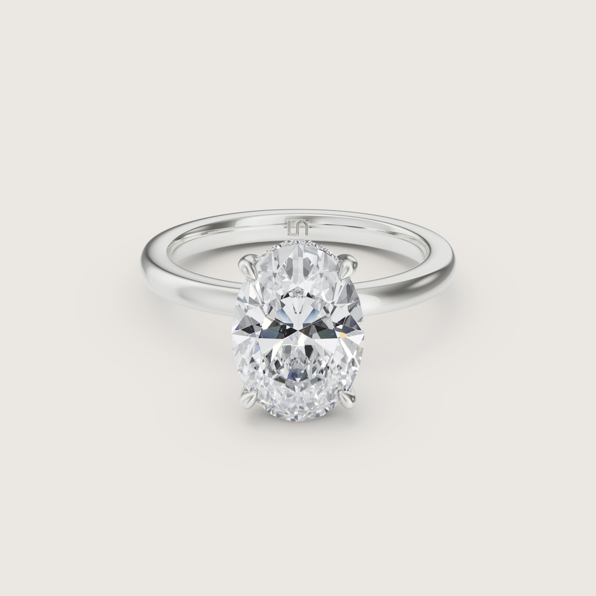 3D render of a hidden halo oval ring in white gold, flat view