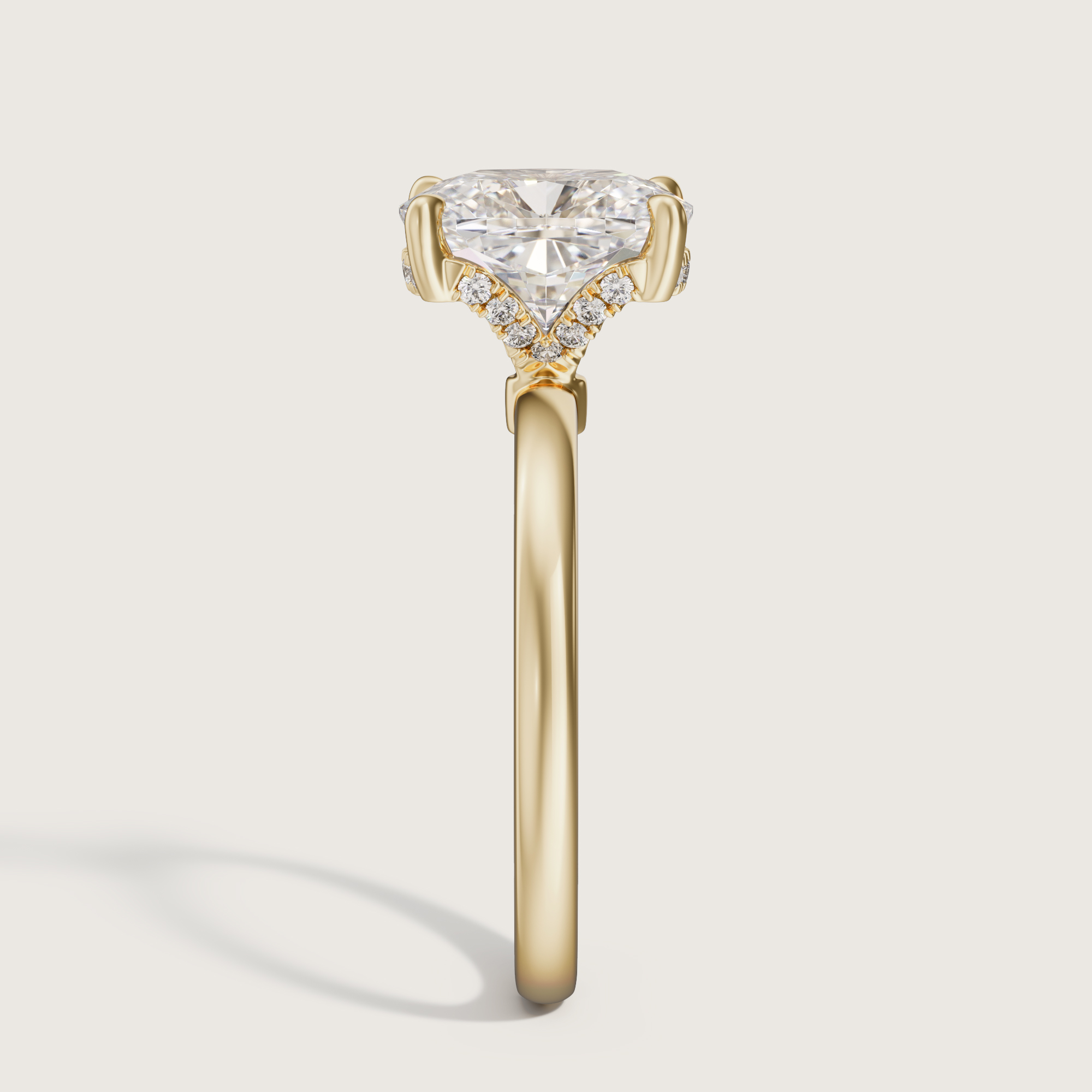 3D render of a hidden halo ring in yellow gold, standing view