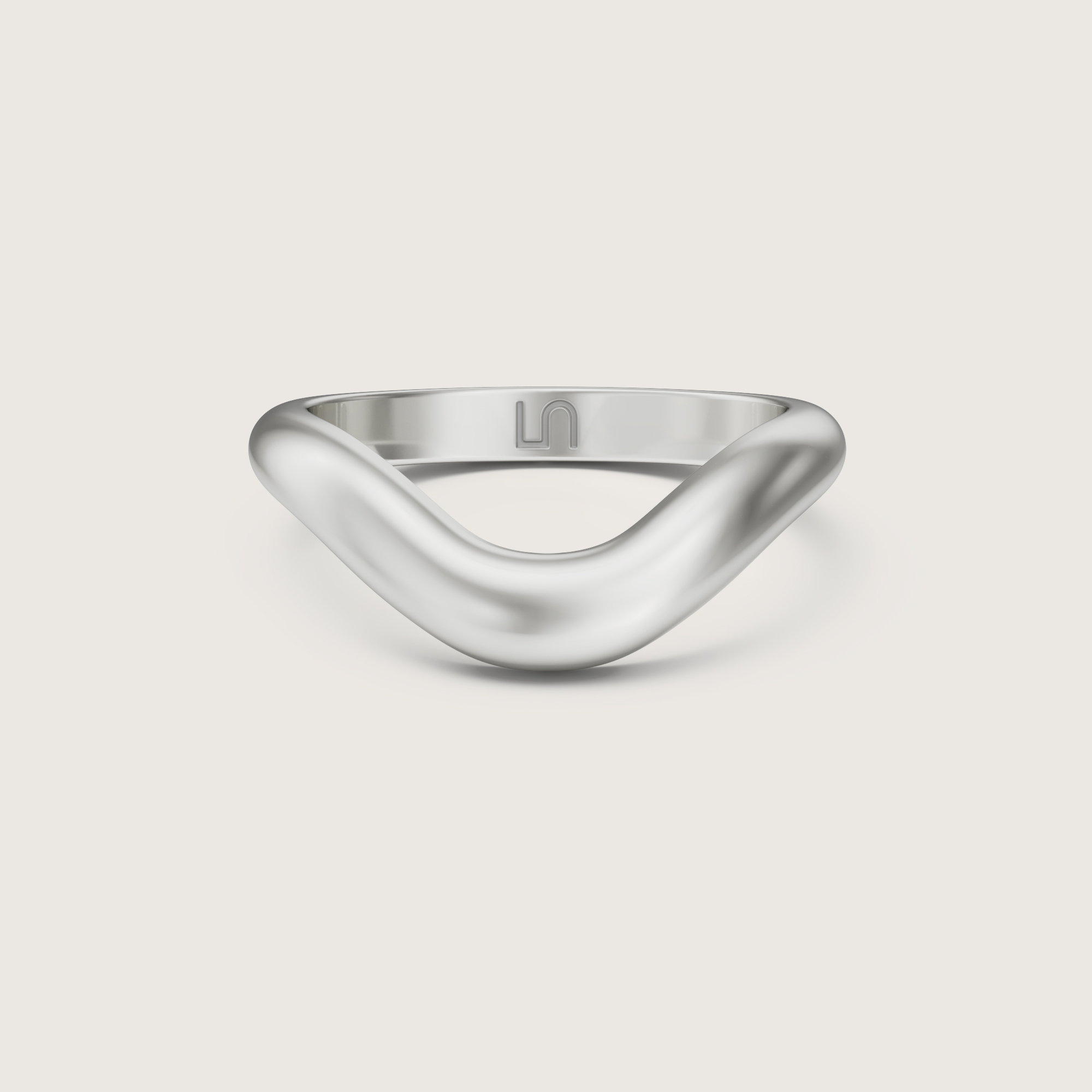 3D render of the Lindelli Mimi curved wedding band in white gold, flat view