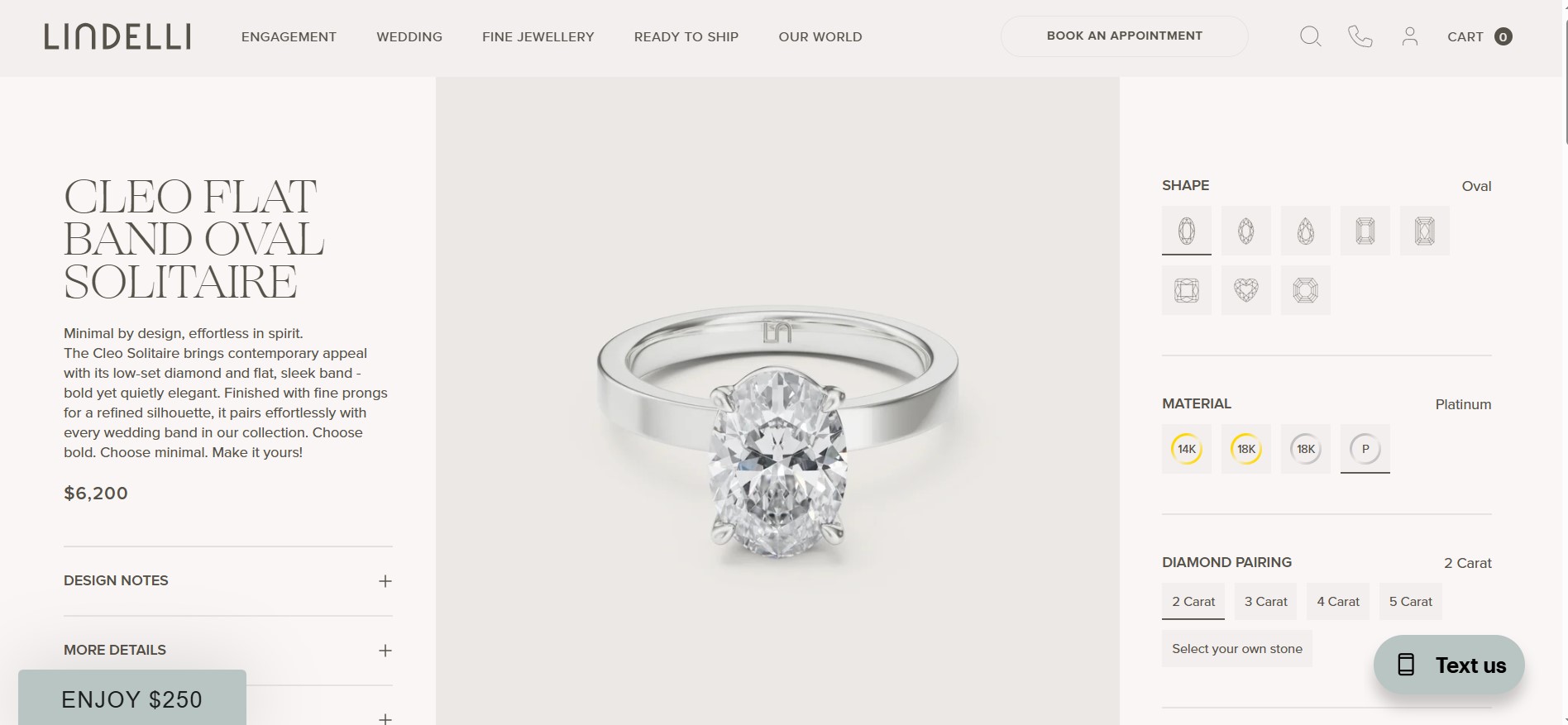 Lindelli Cleo Flat Band Oval Solitaire product page on Shopify showing shape, material and carat selectors alongside a 3D-rendered ring