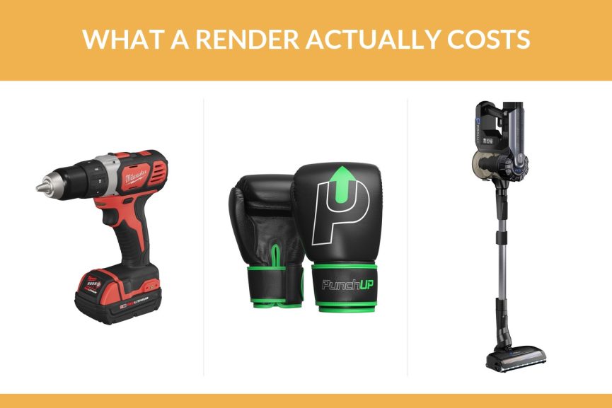 Three product renders on white: a cordless drill, boxing gloves and a stick vacuum