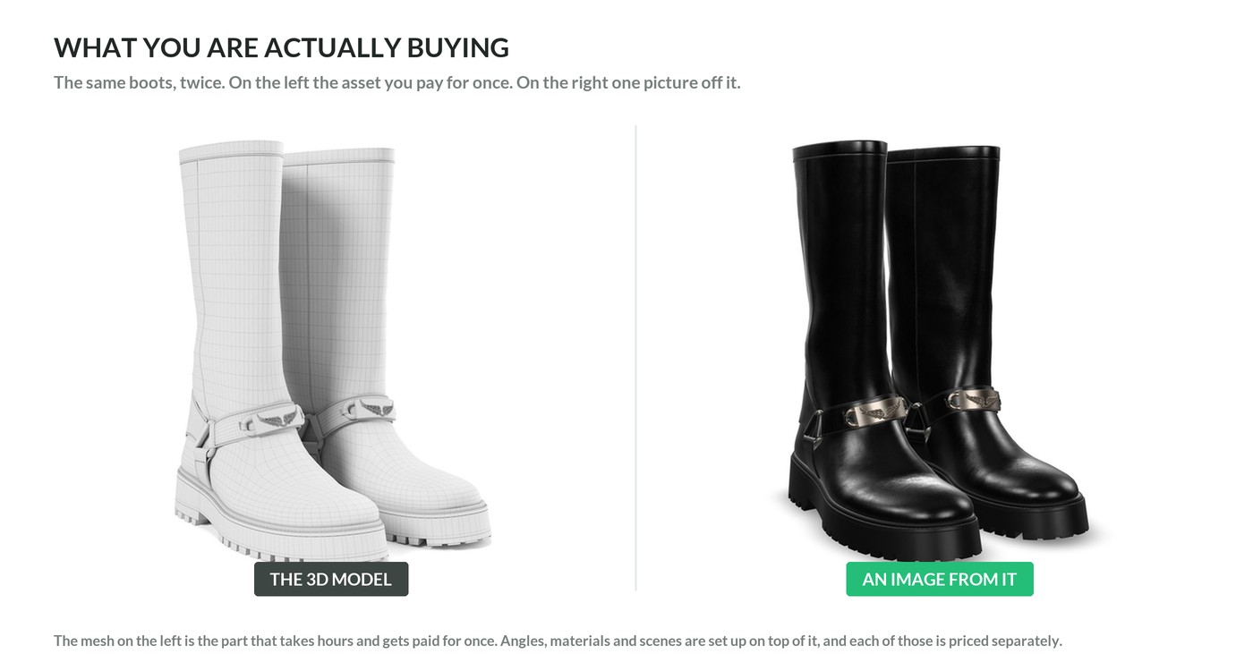 Wireframe of a boot next to the finished render made from the same 3D model